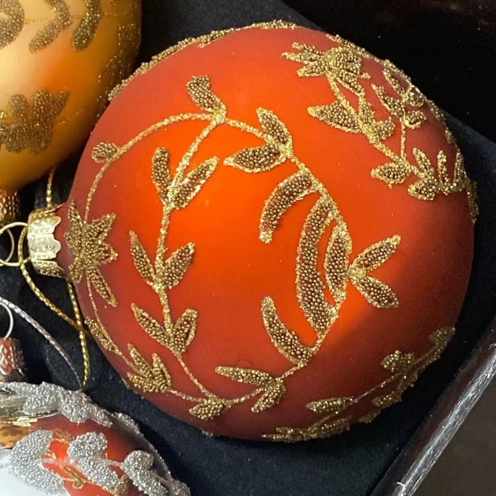 Set of 4 Glitter and Bead Glass Ball Christmas Ornaments